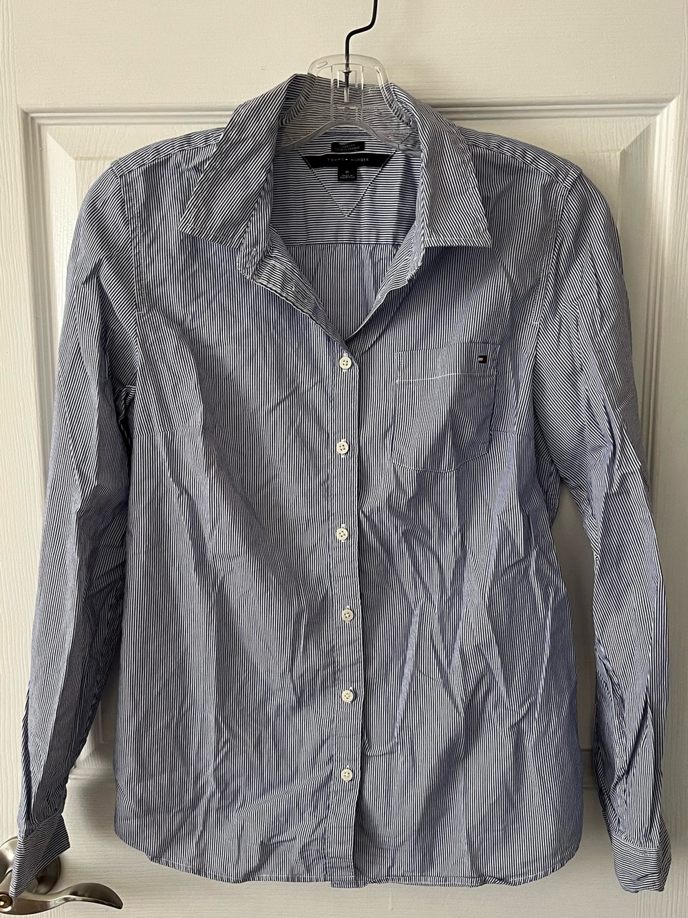 Tommy Hilfiger Men's Navy and White Pinstripe Button-Down Shirt